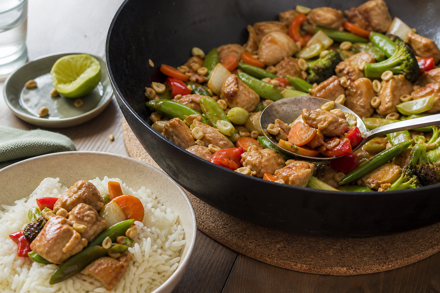 Snabb kycklingwok med lime och jordnötter